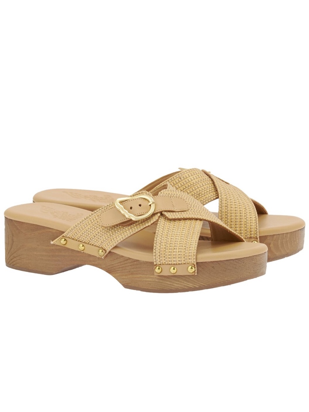 Ancient Greek Sandals Marilisa Beige Woven Raffia Clog Slide with Gold Buckle
